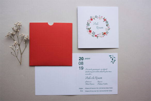 kırmızı zarflı katlanabilir beyaz davetiye